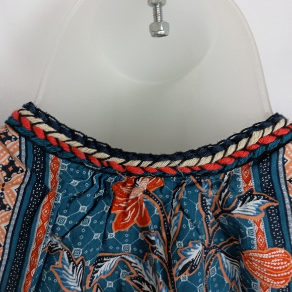 DANIEL RAINN Bohemian Floral Teal,Orange Sleeveless Western Flowy Top - (#185) - Picture 8 of 9